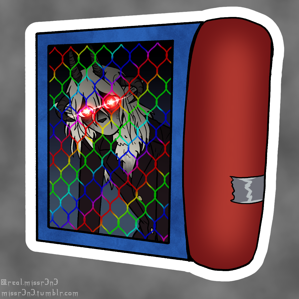 cartoony drawing of luce glaring at the viewer through the rainbow net door of the Dash Con bouncy house